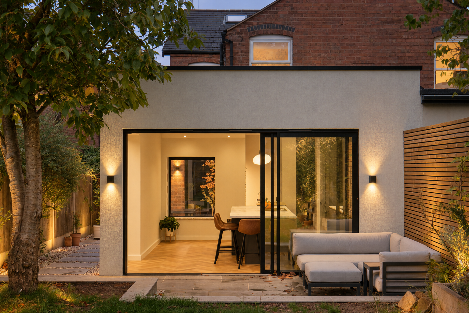 Single storey extension with full height glazing onto a garden