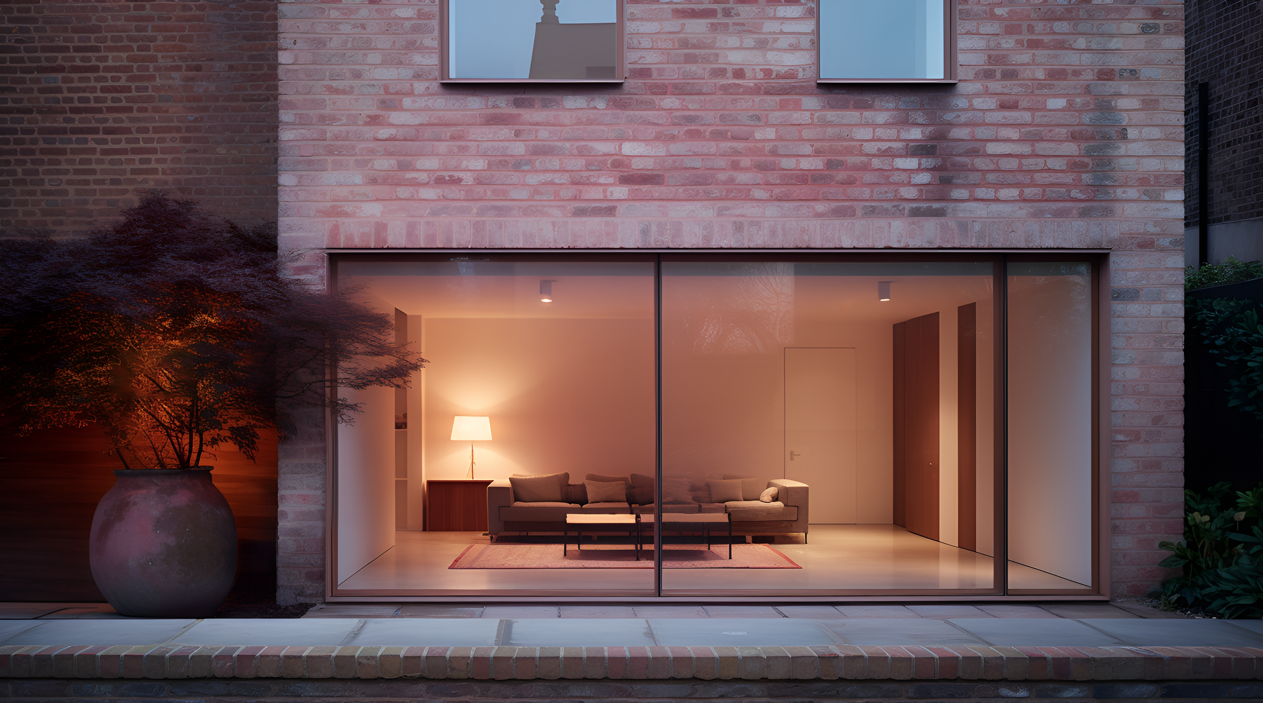 Contemporary home remodelled in pale brick, timber and stone