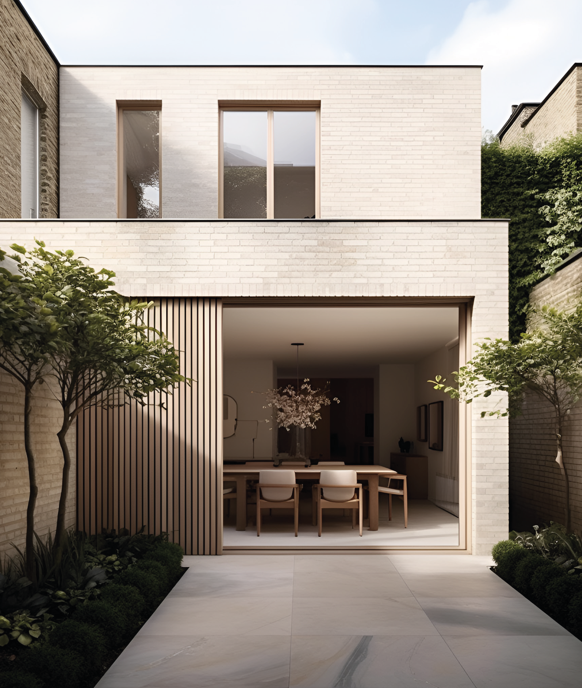 Refined interior material palette of pale brick, timber and stone