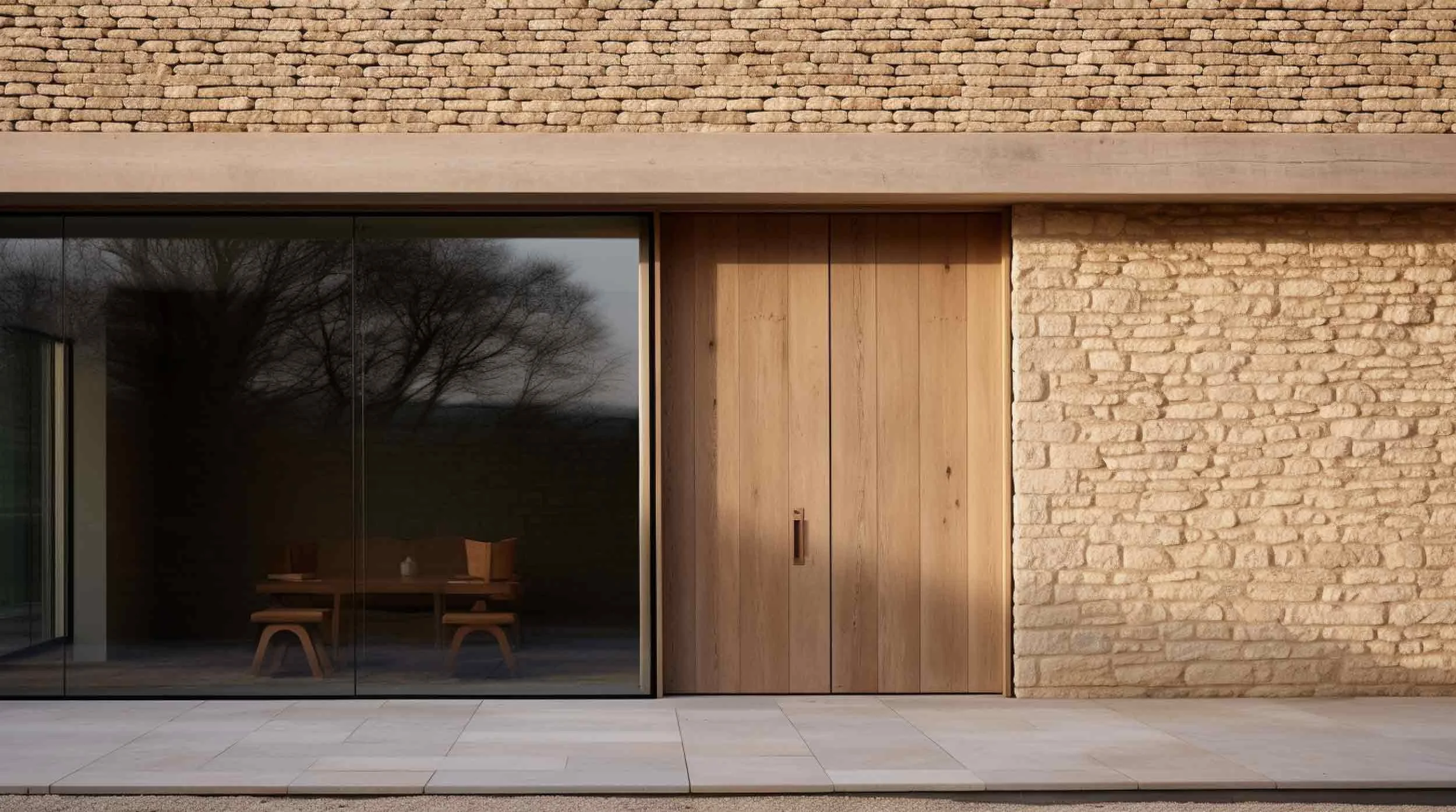 Contemporary entrance detail in local stone and timber